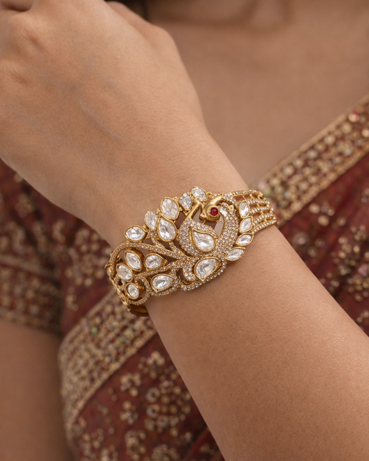 Peacock Polki & Moissanite Gold-Plated Cuff Bracelet-G353100