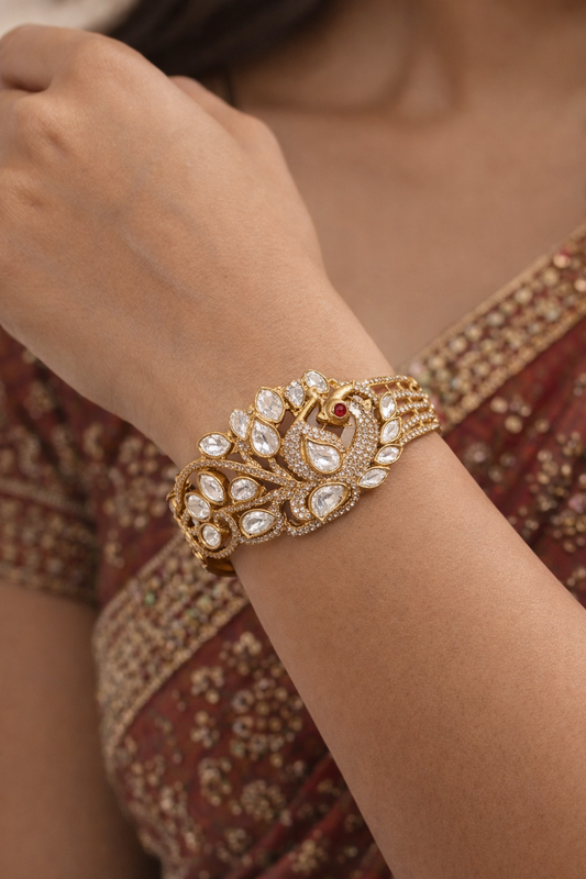 Peacock Polki & Moissanite Gold-Plated Cuff Bracelet
