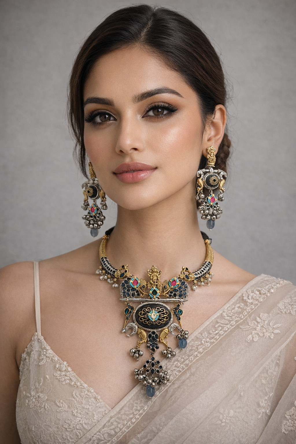 Oxidised Silver Dual-Tone Antique Temple Jewellery Set-G353100