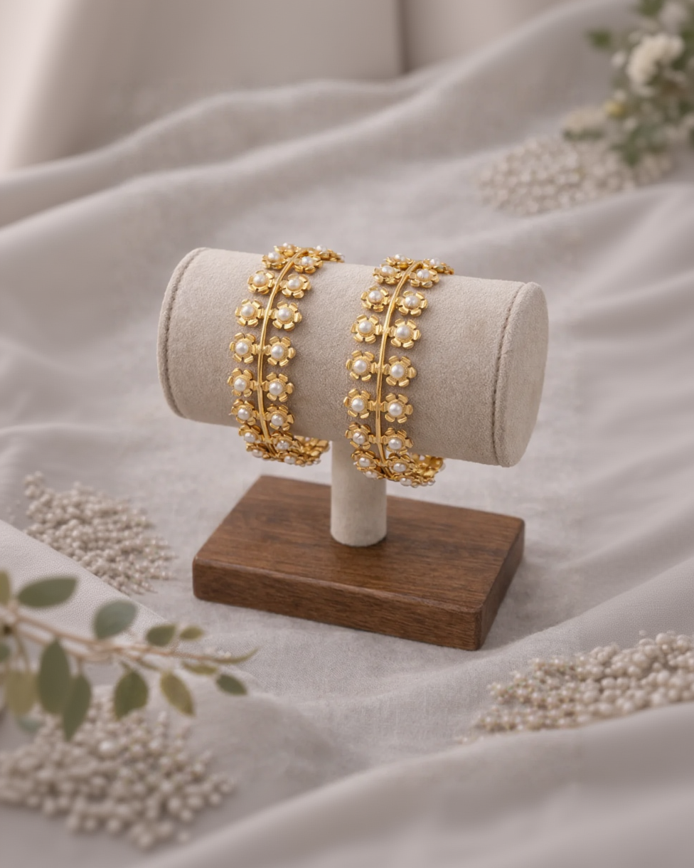 Fusion Pearl & Gold Plated Floral Bangles (Set of 2)-G351000