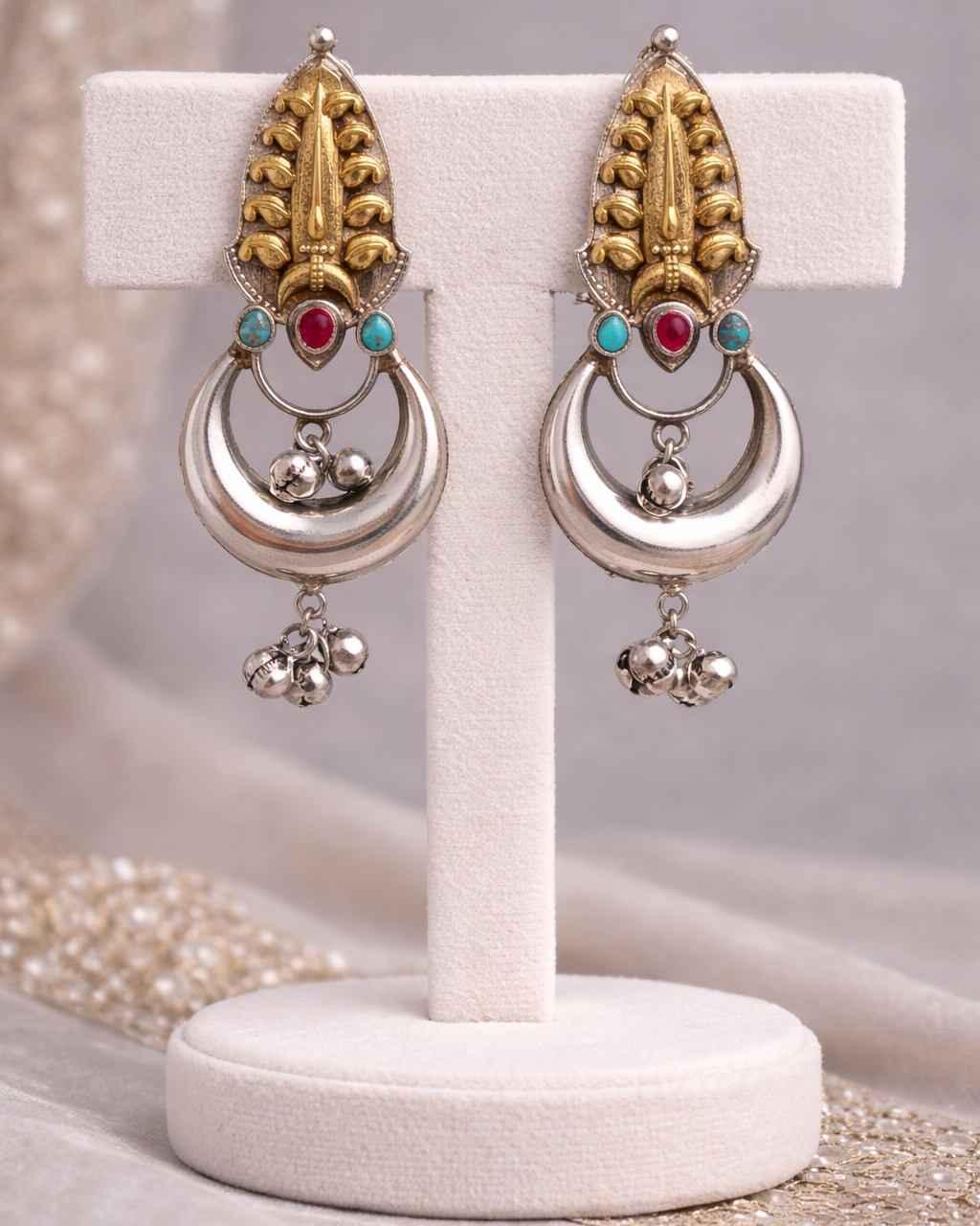 Oxidized Silver Peacock Motif Navratna Necklace Set-G353800