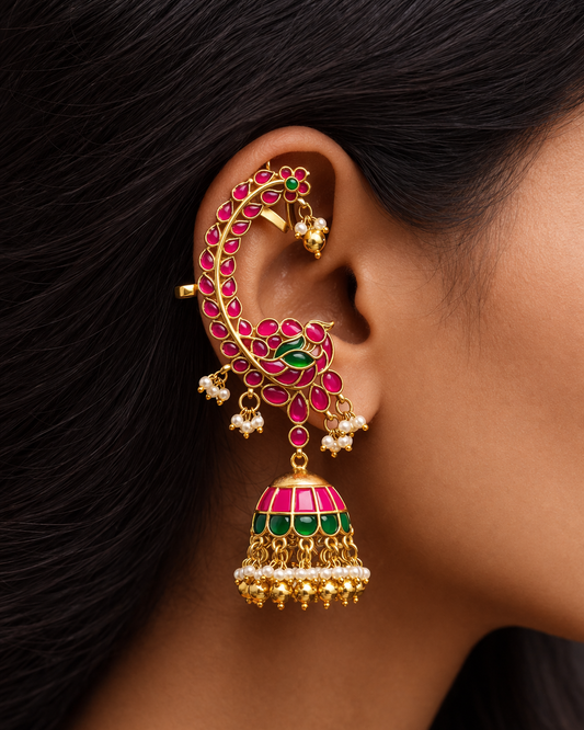 Jadav Pachi Kundan Peacock Design Jhumka Earrings(Ear Cuffs)-G354200