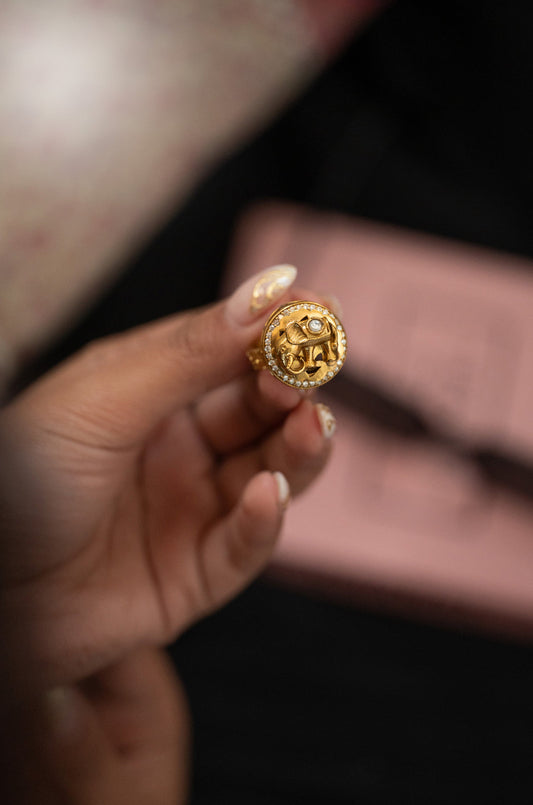 elephant motif Gold plated Mossainte Ring