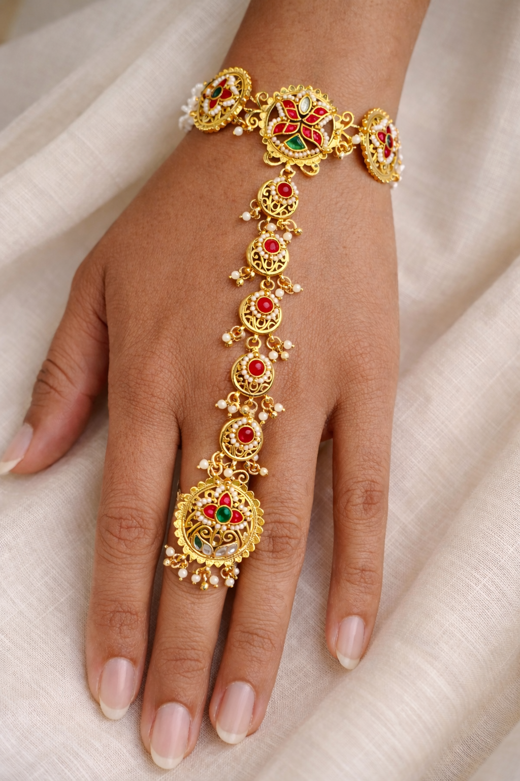 Gold Plated Heritage Hath Panja with Pearl & Stone
