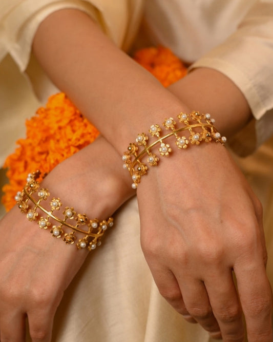 Fusion Pearl & Gold Plated Floral Bangles (Set of 2)-G351000