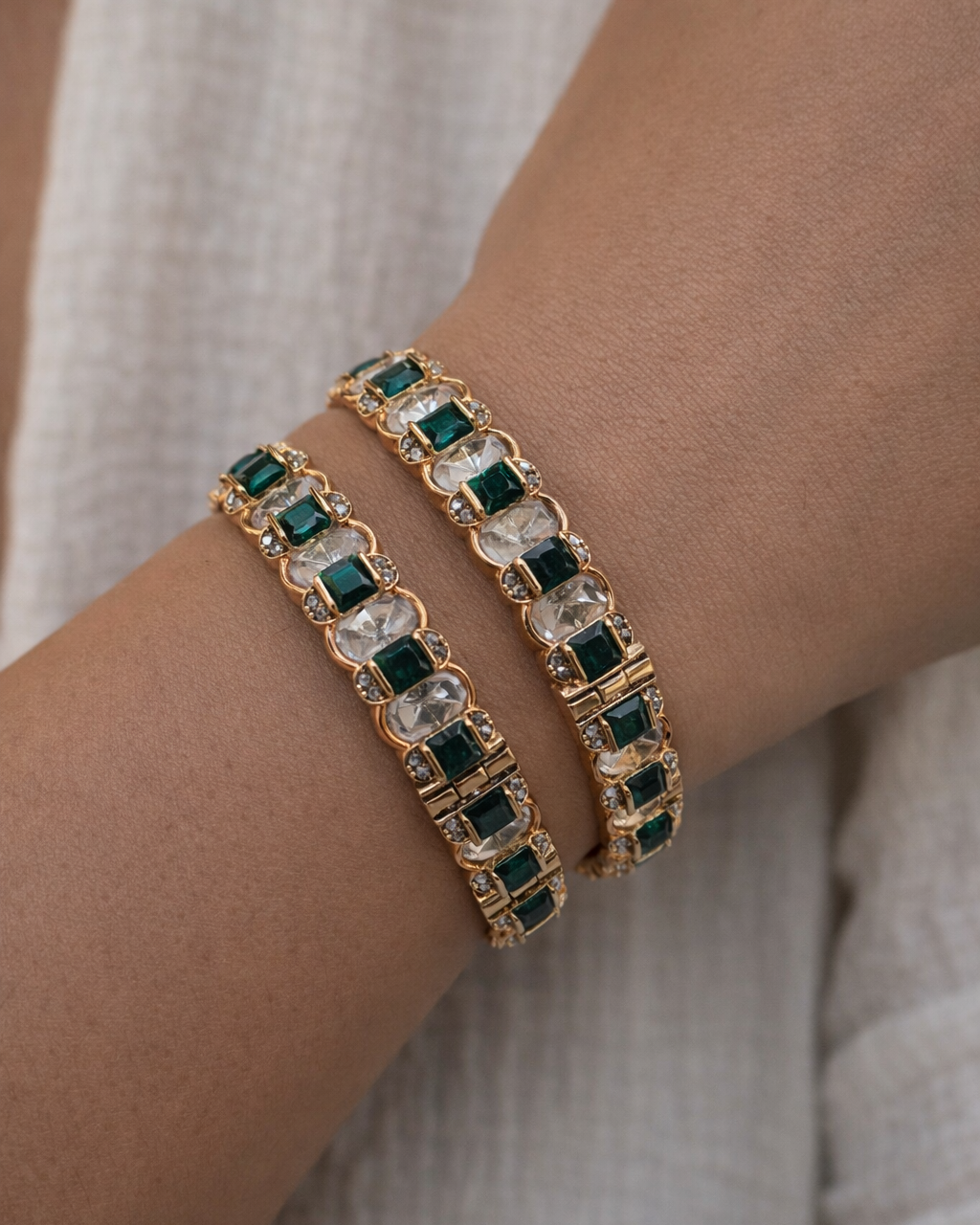 Emerald Green & Clear Stone Gold-Plated Bangle Set(Set of 2)-G354100