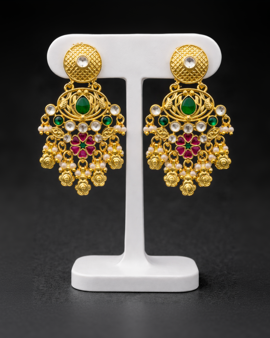 Heritage Ruby Green Stone Pearl Drop Earrings-G351800