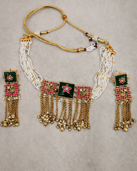 Emerald Green & Pearl Kundan Choker Set with Dangling Earrings-G358300