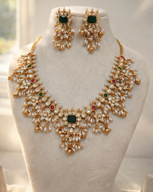 Elegant Polki and Rice Pearl Bridal Jewelry Set-G353400