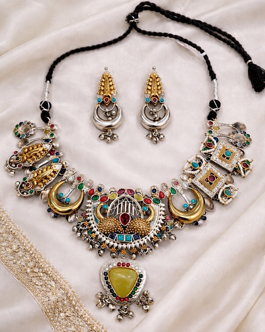Oxidized Silver Peacock Motif Navratna Necklace Set-G353800