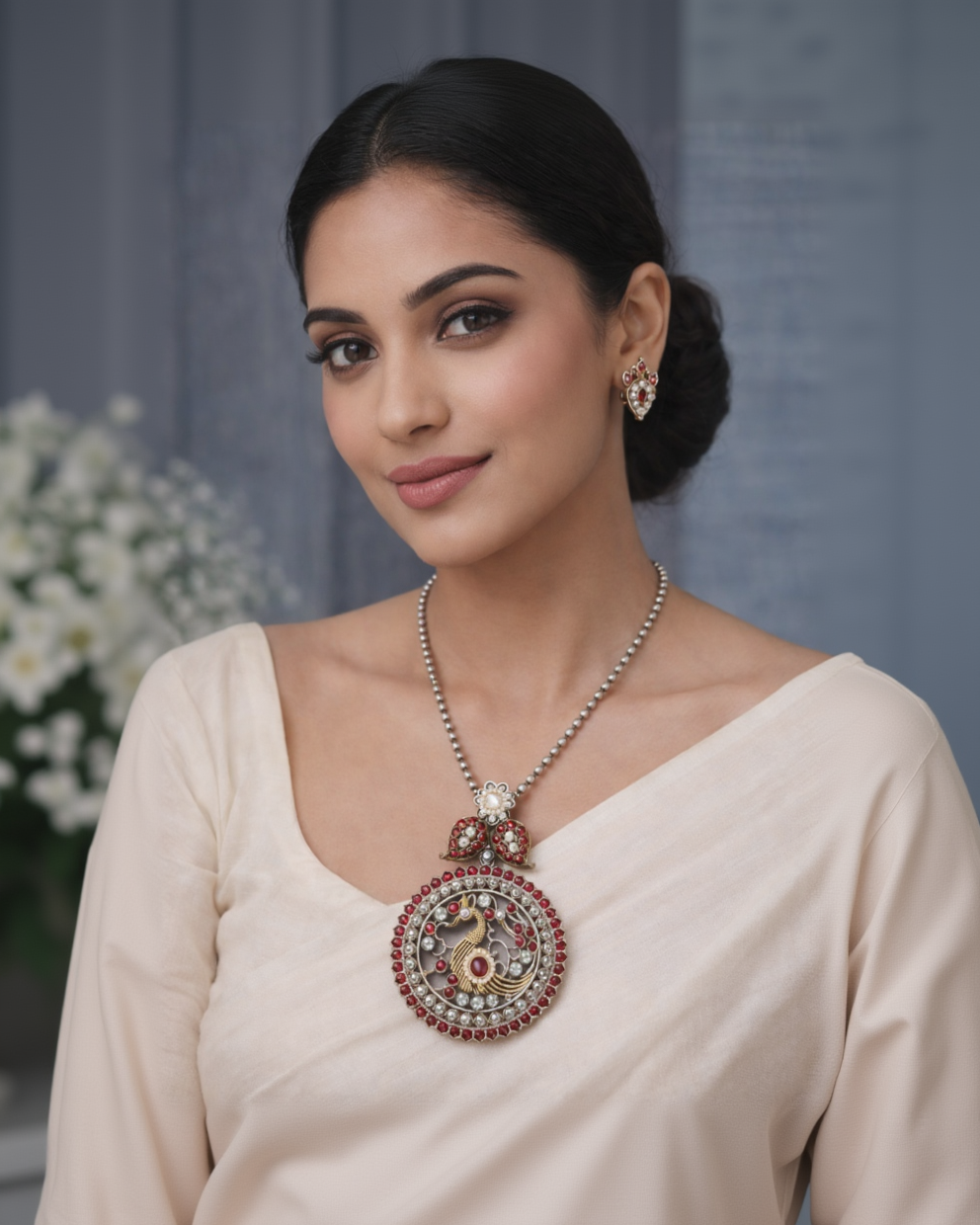 Oxidized Silver Peacock Pendant Necklace Set-G351600