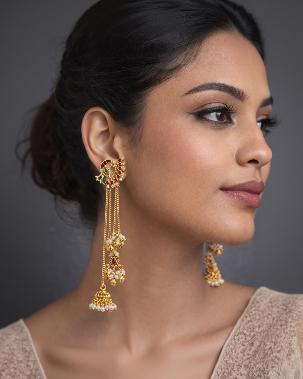 Long Kashmiri Peacock Jhumka with Multi-Chain Earrings-G352800