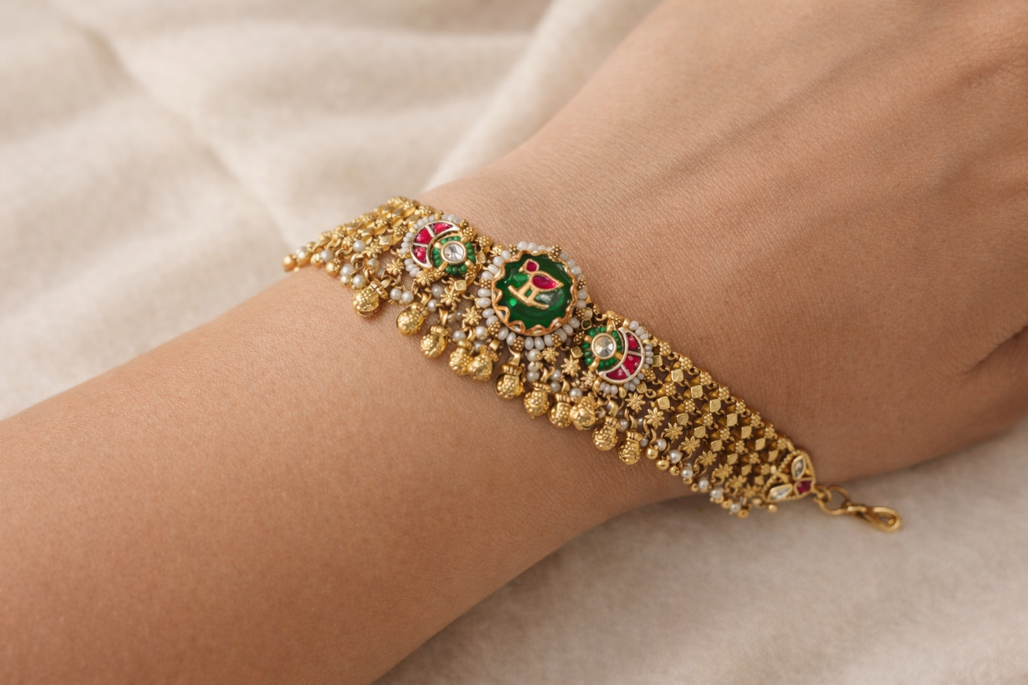 Gold Plated Kundan and Pearl Embellished Bracelet