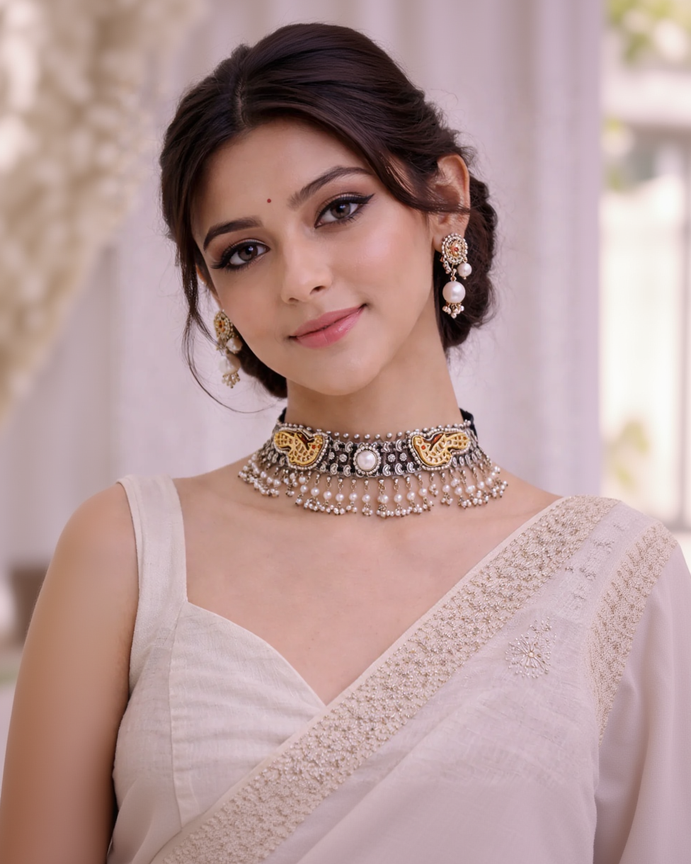 Oxidised Silver Dual-Tone Antique Haasil Necklace Set-G351300
