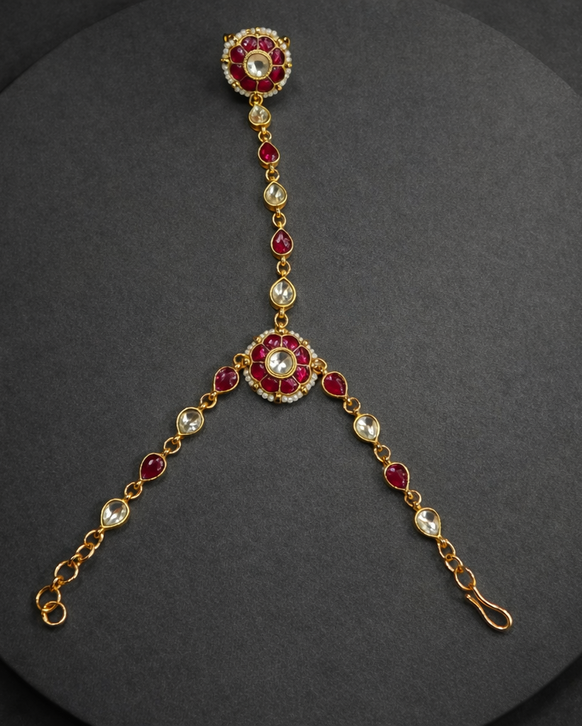Gold-Toned Hand Harness with Ruby & Pearl Accents-G351400