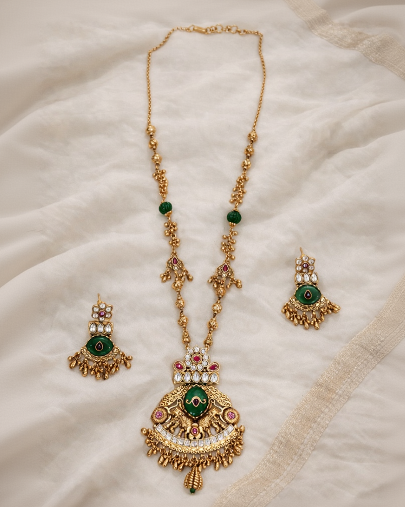 Heritage Green Stone Studded Antique Finish Pendant Set-G354700