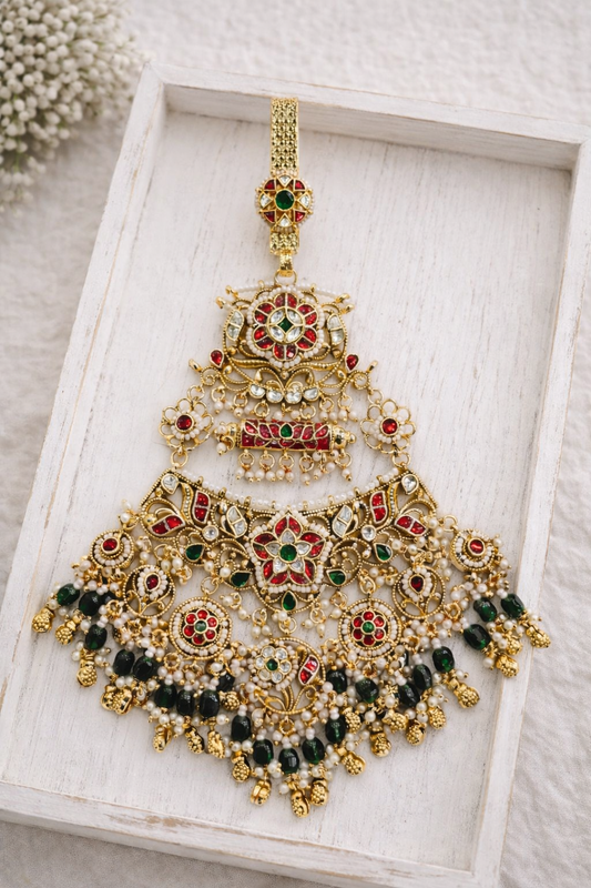Gold-Plated Heritage Jadau Kundan Passa/Jhoomar/Juda-G357700