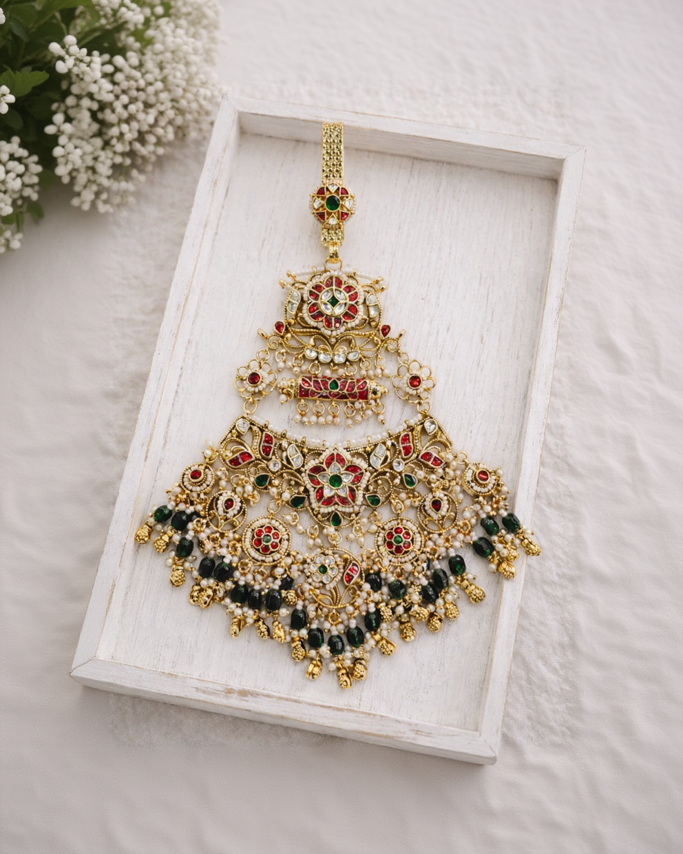 Gold-Plated Heritage Jadau Kundan Passa/Jhoomar/Juda-G357700