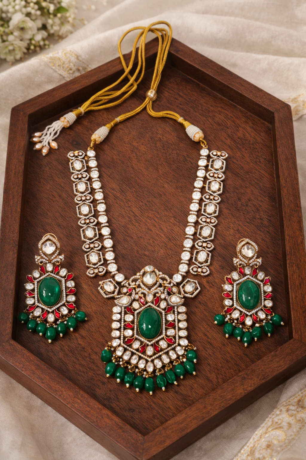 Semi-precious Emerald Mossainite Statement Necklace Set