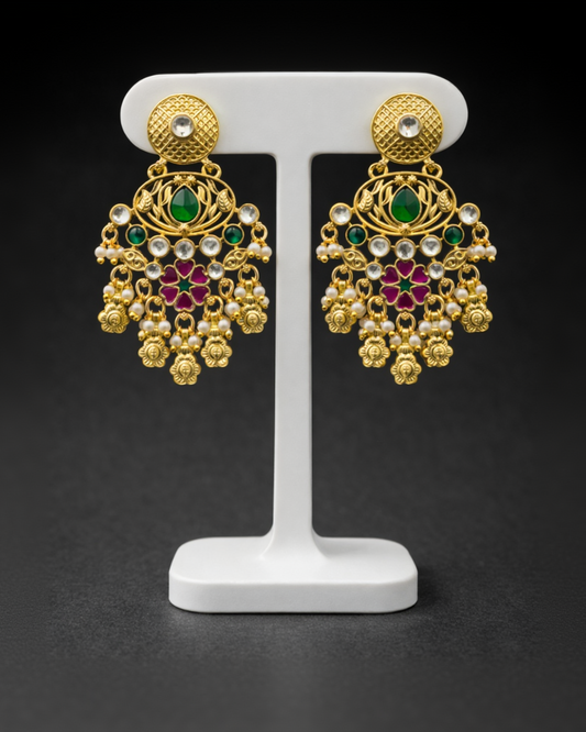 Heritage Ruby Green Stone Pearl Drop Earrings-G351800