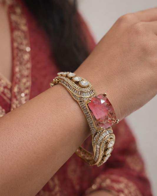 Pink Stone & Diamond Gold Bangle Bracelet-G352100
