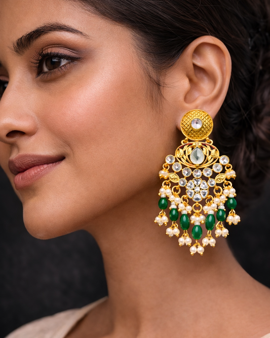 Heritage White Green Stone Pearl Drop Earrings-G351800