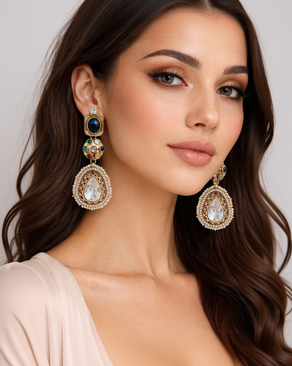 Multi-Stone Kundan Polki Teardrop Earrings-G35900