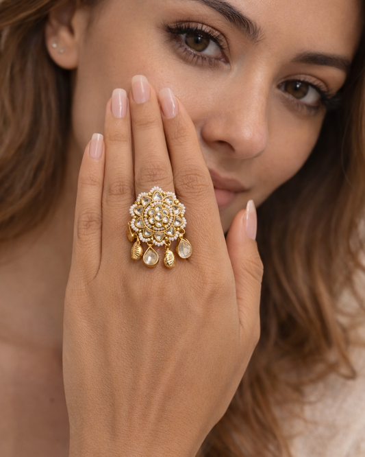 Gold Finish White Kundan Polki Ring-G352000