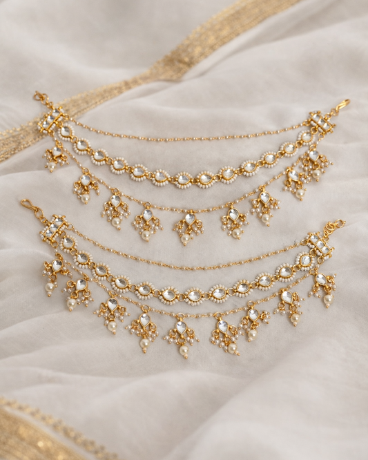 Gold-Toned Kundan & Pearl Ear Chains(Set of 2)-G352800