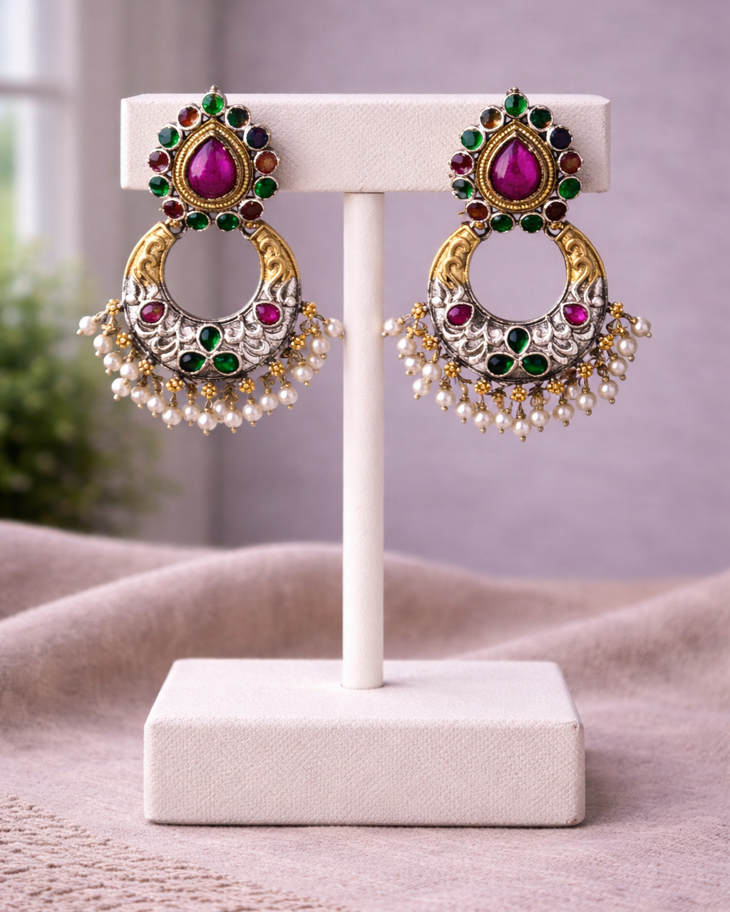 Oxidized Silver Temple Jewelry Set with Ruby Green Stones & Pearls-G351800