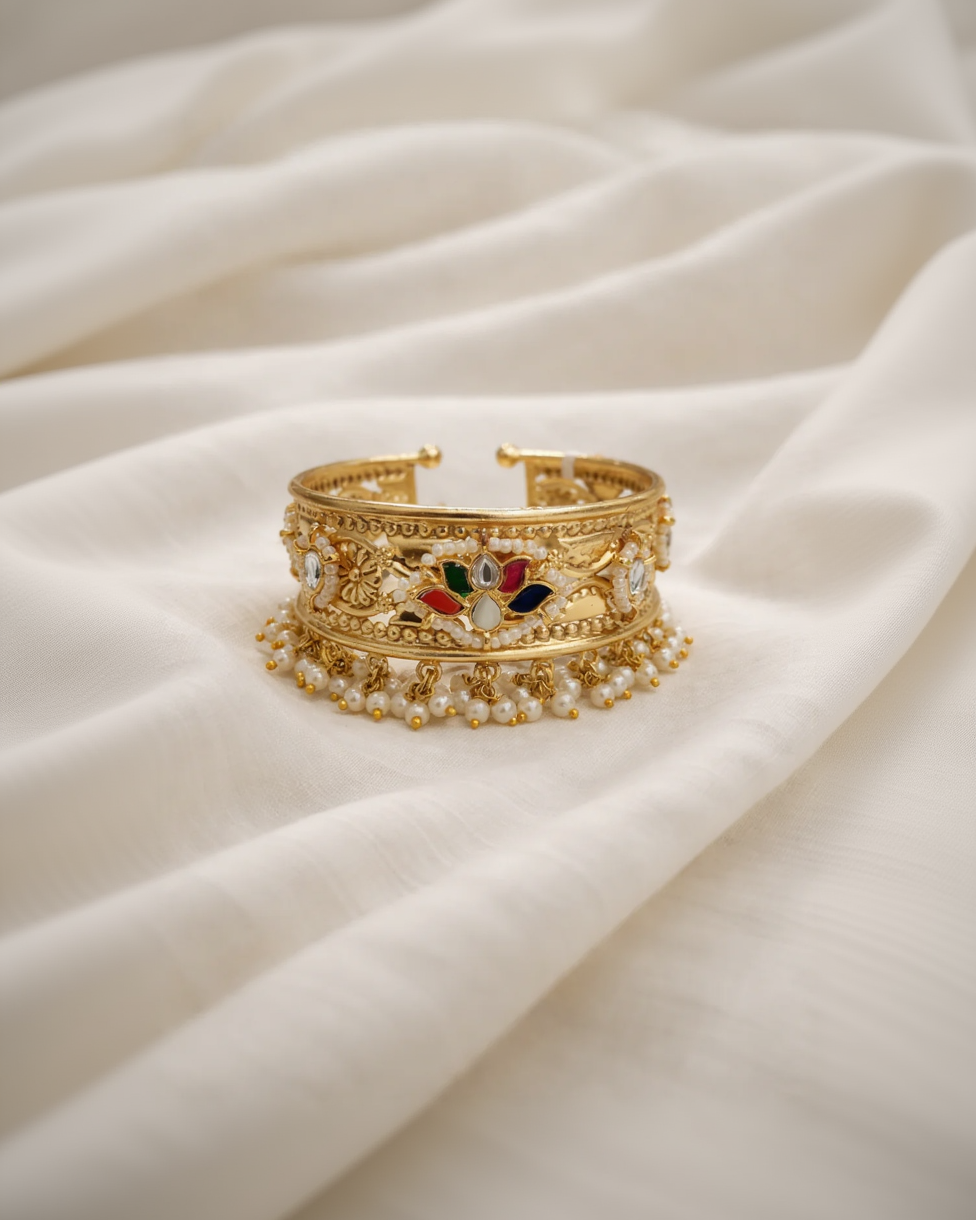Aarvi Pearl & Gold Fusion Kada Bracelet-G351000