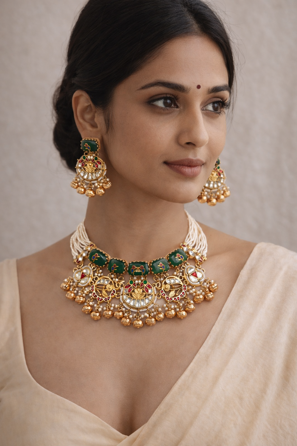 Emerald Green Kundan & Pearl Necklace Earring Set