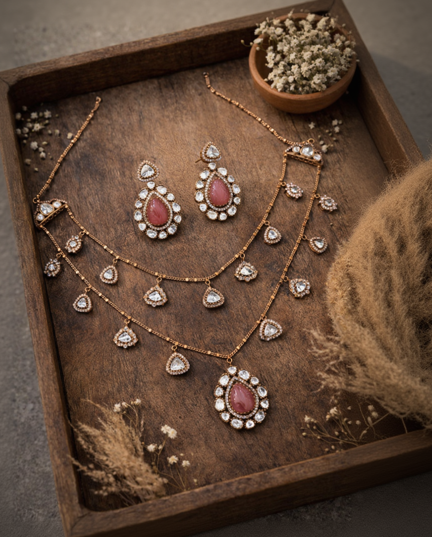 Lunara Moissanite & Pink Stone Choker Necklace Set-G355300