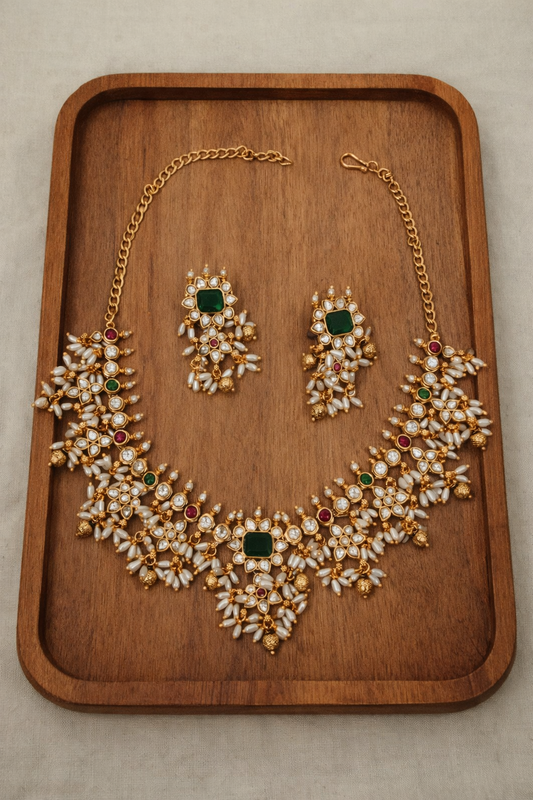 Elegant Polki and Rice Pearl Bridal Jewelry Set