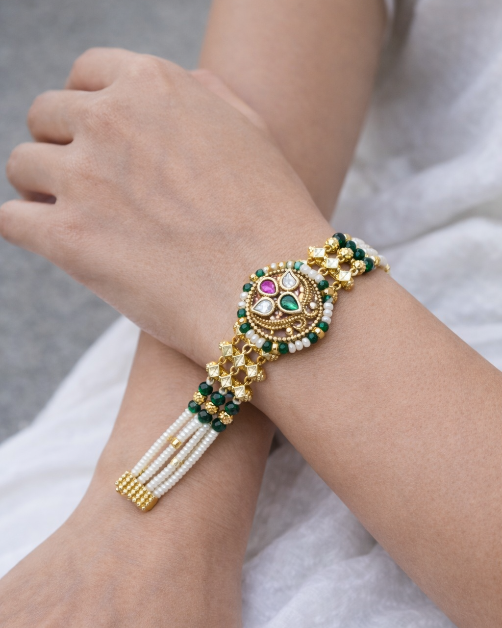 Traditional Green and Pink Kundan & Pearl Bracelet-G351300