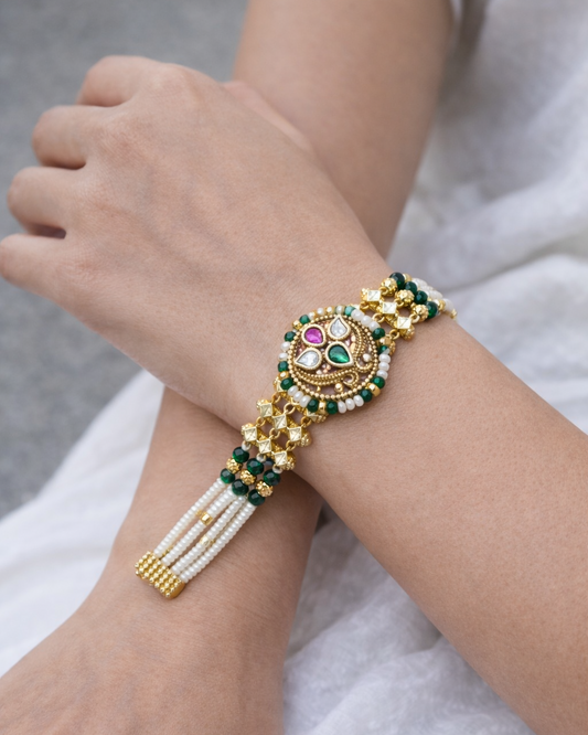 Traditional Green and Pink Kundan & Pearl Bracelet-G351300