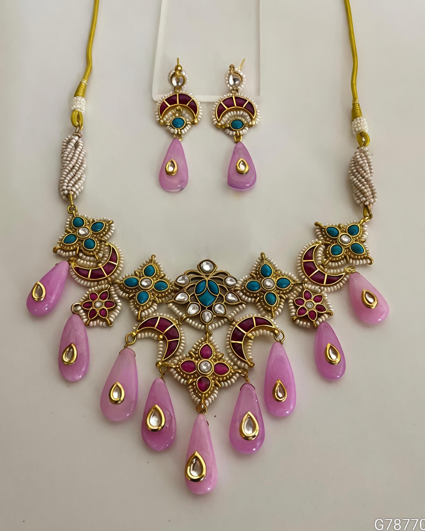 Magenta Teal Kundan with Pink Teardrop Beads Choker Set-G356800