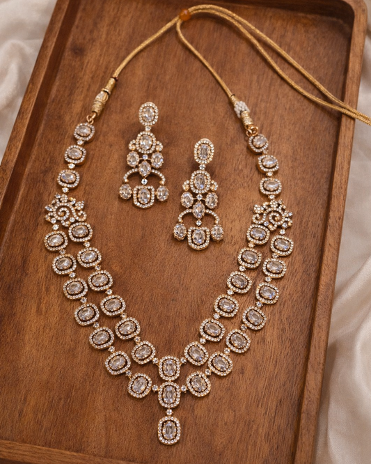 Two Line Clear Diamond Necklace Set-G354200