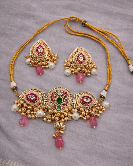 Fusion Gold-Tone Choker Necklace & Earring Set with Pink Stones & Pearls-G353000