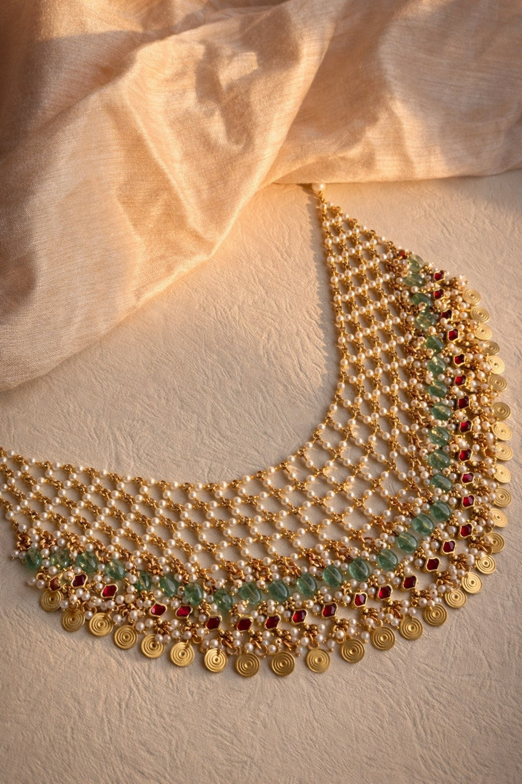 Multi-Layered Jadau and Pearl Choker with Gold Coin Drops