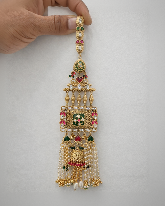 Gold-Toned Kundan & Pearl Beaded Traditional Chabi Challa / Judda-G355100