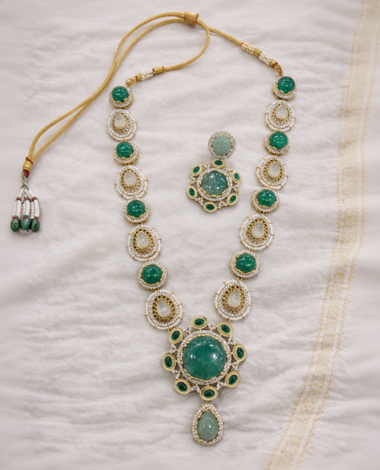 Sabyasachi Inspired Emerald & Kundan Polki Necklace Set-G354600