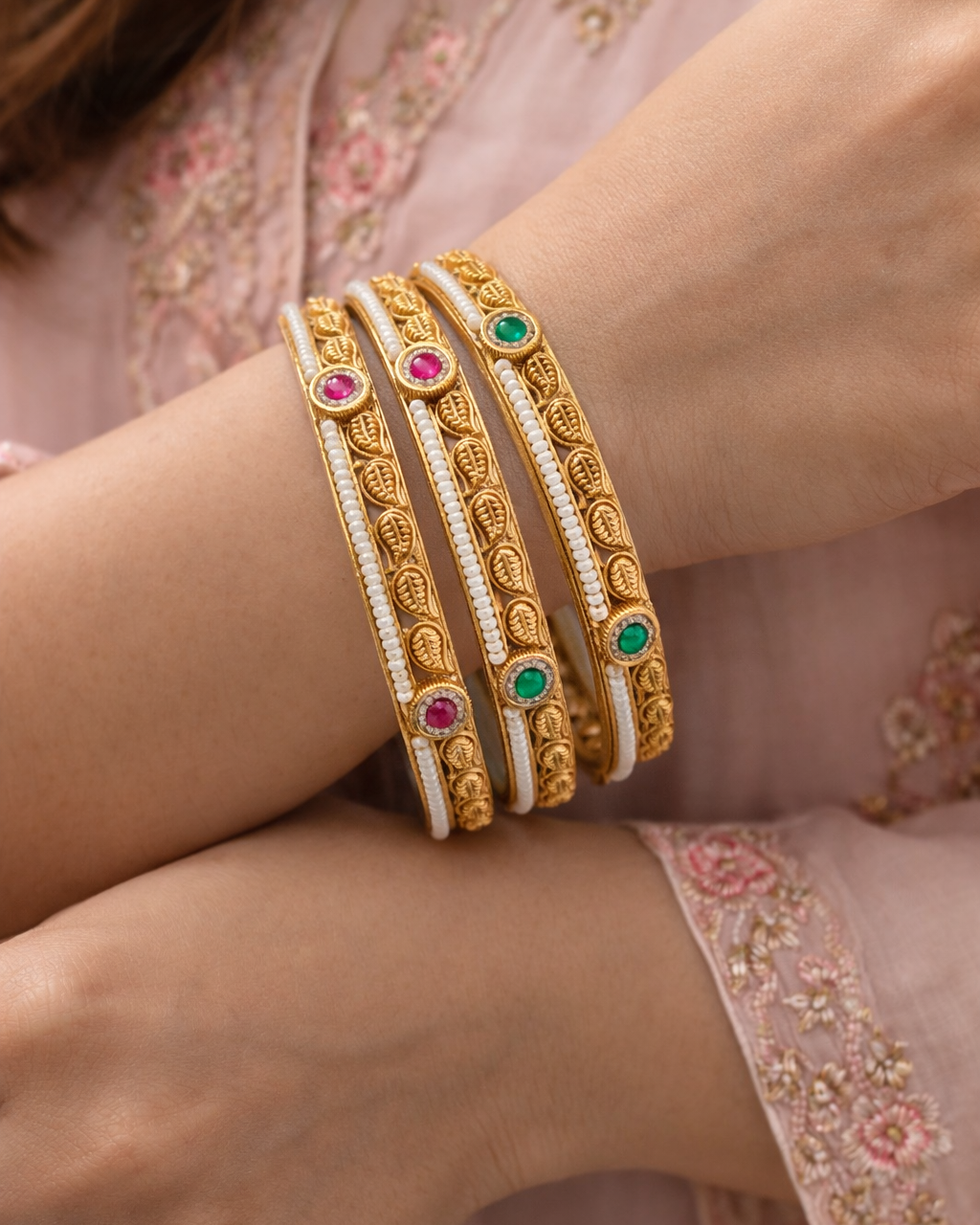 Gold Plated Leaf Motif Bangle Set-G351700