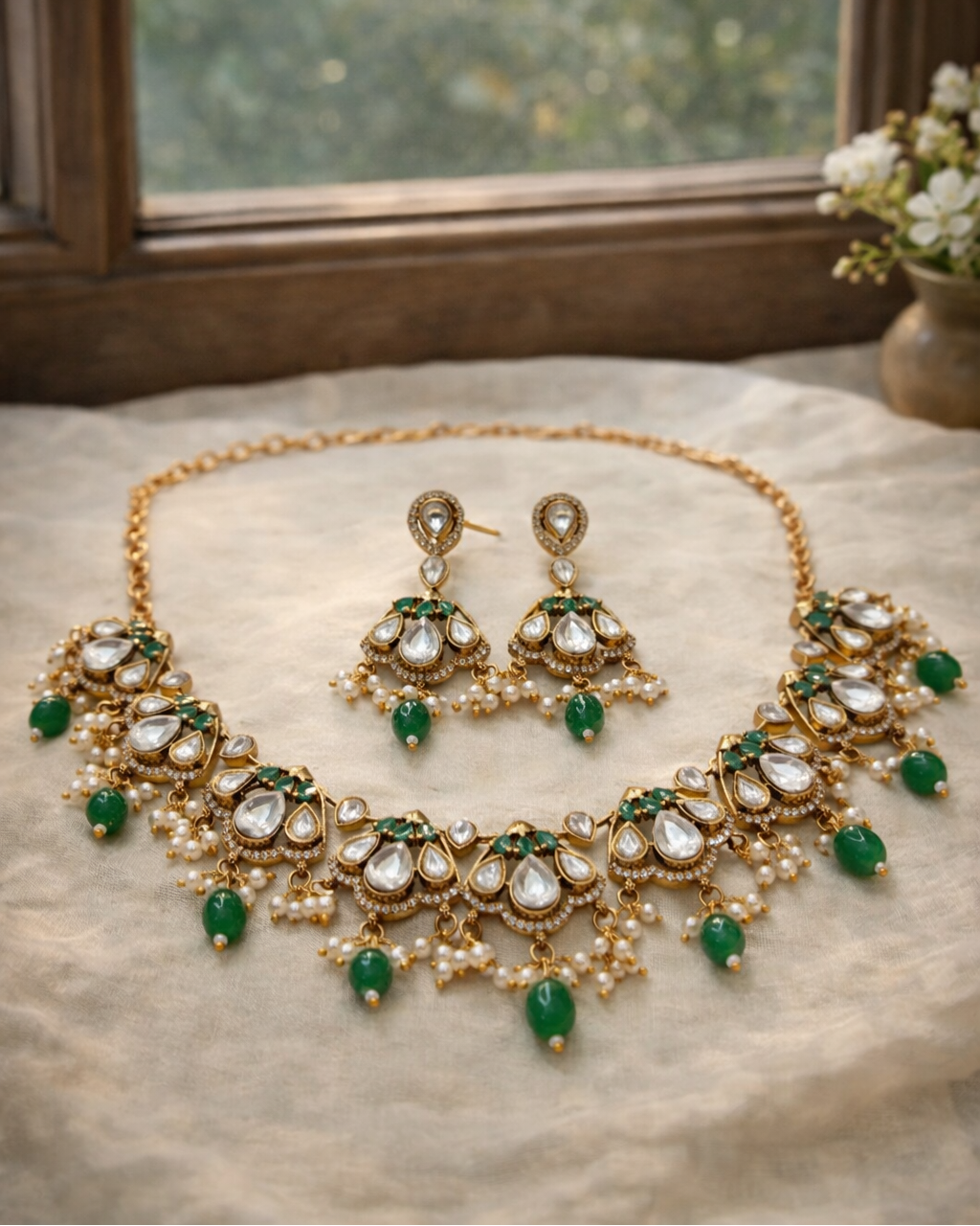 Kundan & Pearl Traditional Indian Necklace Set-G353600