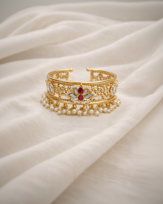 Aarvi Pearl & Gold Fusion Kada Bracelet-G351000