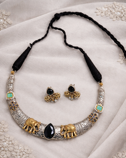 Oxidised Silver Dual-Tone Antique Haasil Necklace Set-G351500