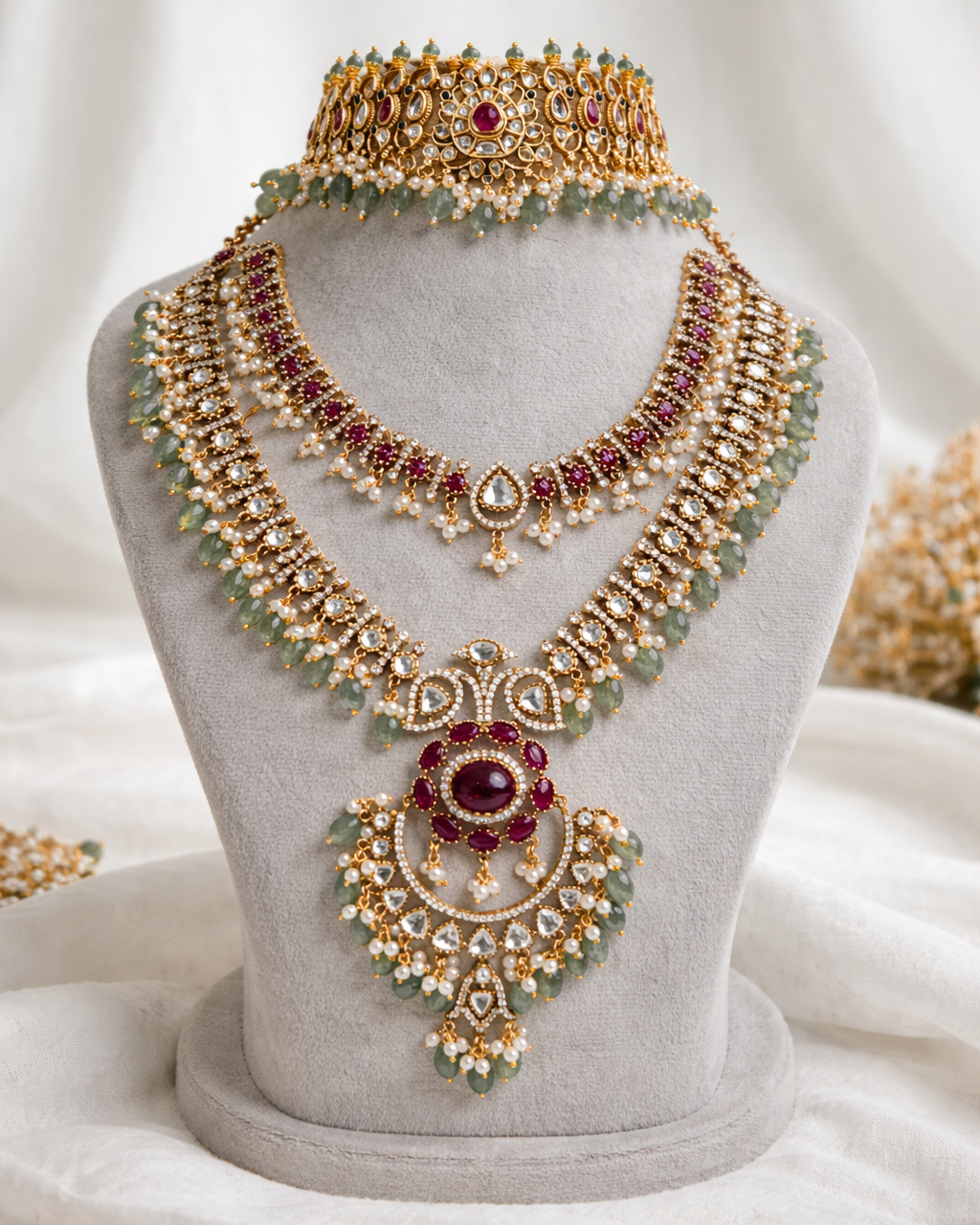 Combo Kundan Polki Bridal choker and Long Necklace Set-G3512800