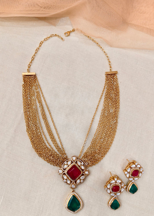 Moissanite Emerald Rubby Necklace Set-G754800