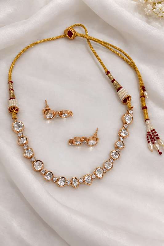 Rose Gold Polki Kundan Necklace Set-G352100