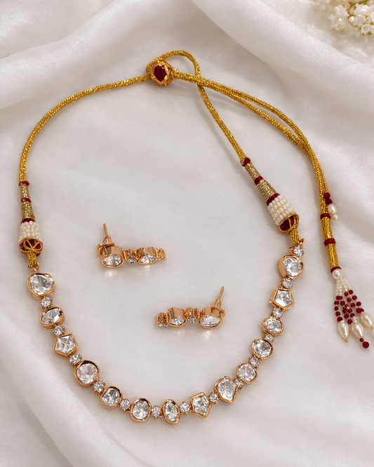 Rose Gold Polki Kundan Necklace Set-G352100